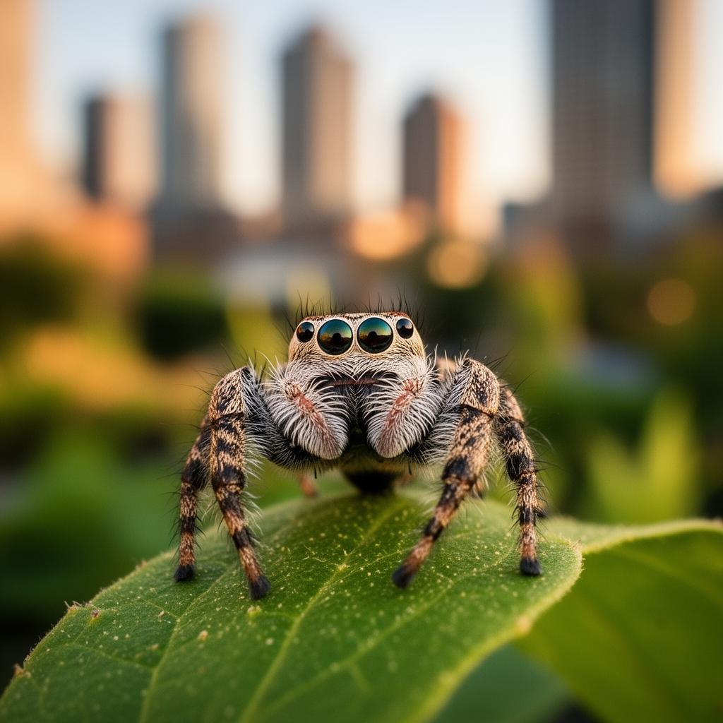 Jumping spider on a leaf with city buildings in background