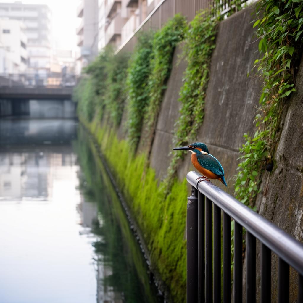 Kingfisher bird perched on railing near city canal